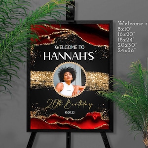 Red Black Gold Birthday Welcome Sign with Photo (Digital Download)