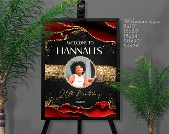 Editable Birthday Welcome sign Red Black Gold Party with Photo birthday decoration Printable Party favors Download Corjl T108 ANY AGE