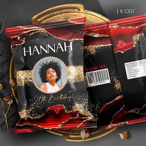 Red, Black & Gold Birthday Chip Bag Dinner Birthday Party Favors T108G (Editable Canva Template)