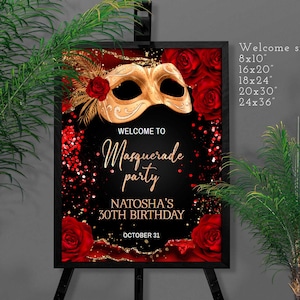 Masquerade ball Welcome Sign poster board Red Rose party decorations Black and Red Birthday for Her or Him Instant Download Editable Corjl