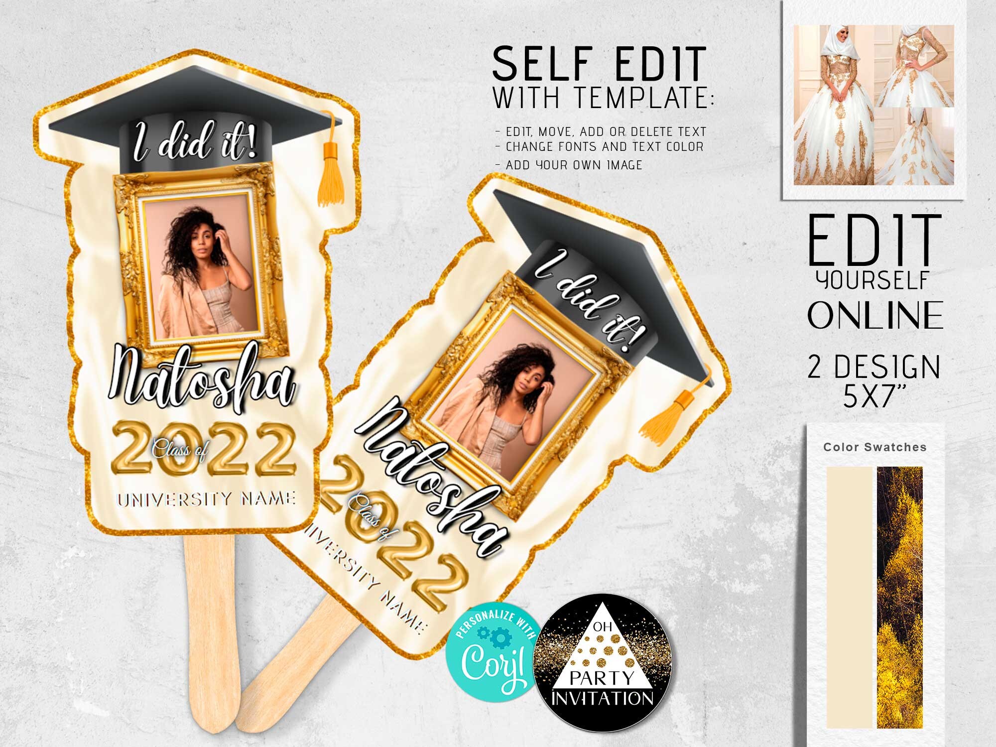 Editable Gold Graduation fans for girl with photo, Centerpiece Graduation booth party decorations favors 2025 Girl Boy Corjl DIY ANY YEAR