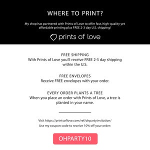 May include: White background with black text that reads "WHERE TO PRINT?" and "prints of love." The text also states that the shop has partnered with Prints of Love for fast, high-quality printing and free 2-3 day U.S. shipping. The image also mentions free envelopes and plants a tree with every order.