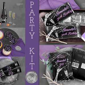 Editable Brunch decorations Purple Silver birthday anniversary party Chip bag Champagne Candy bar bottle label ANY AGE download Corjl