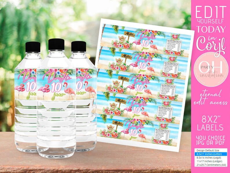 DIY Editable Tropical party Hawaiian water bottle labels birthday flamingo party supply Aloha decoration printable favors