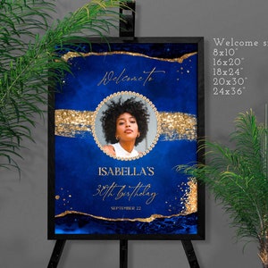 DIY Royal blue and Gold Welcome sign Birthday Party decoration with Photo for Him for Her Digital Download Editable on Corjl T107 ANY AGE