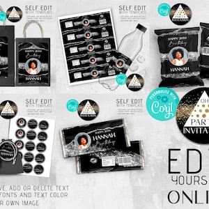 Glam Modern Black and Silver Party decorartion bundle anniversary favor party supply Any AGE birthday decor printable download Corjl