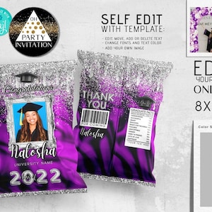 Editable Silver purple Graduation chip bag template party favors 2025 with photo grad party decorations class of 2023 Corjl DIY