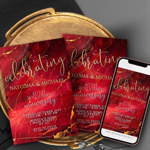 May include: Red and gold marble-patterned wedding anniversary invitations with gold script text. The invitations read "Celebrating Natosha & Michael 40th Wedding Anniversary." A smartphone displays a similar invitation.