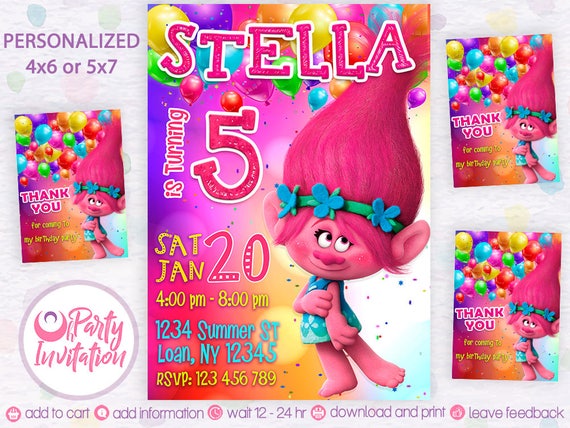 troll birthday invitation and free thank you cards trolls