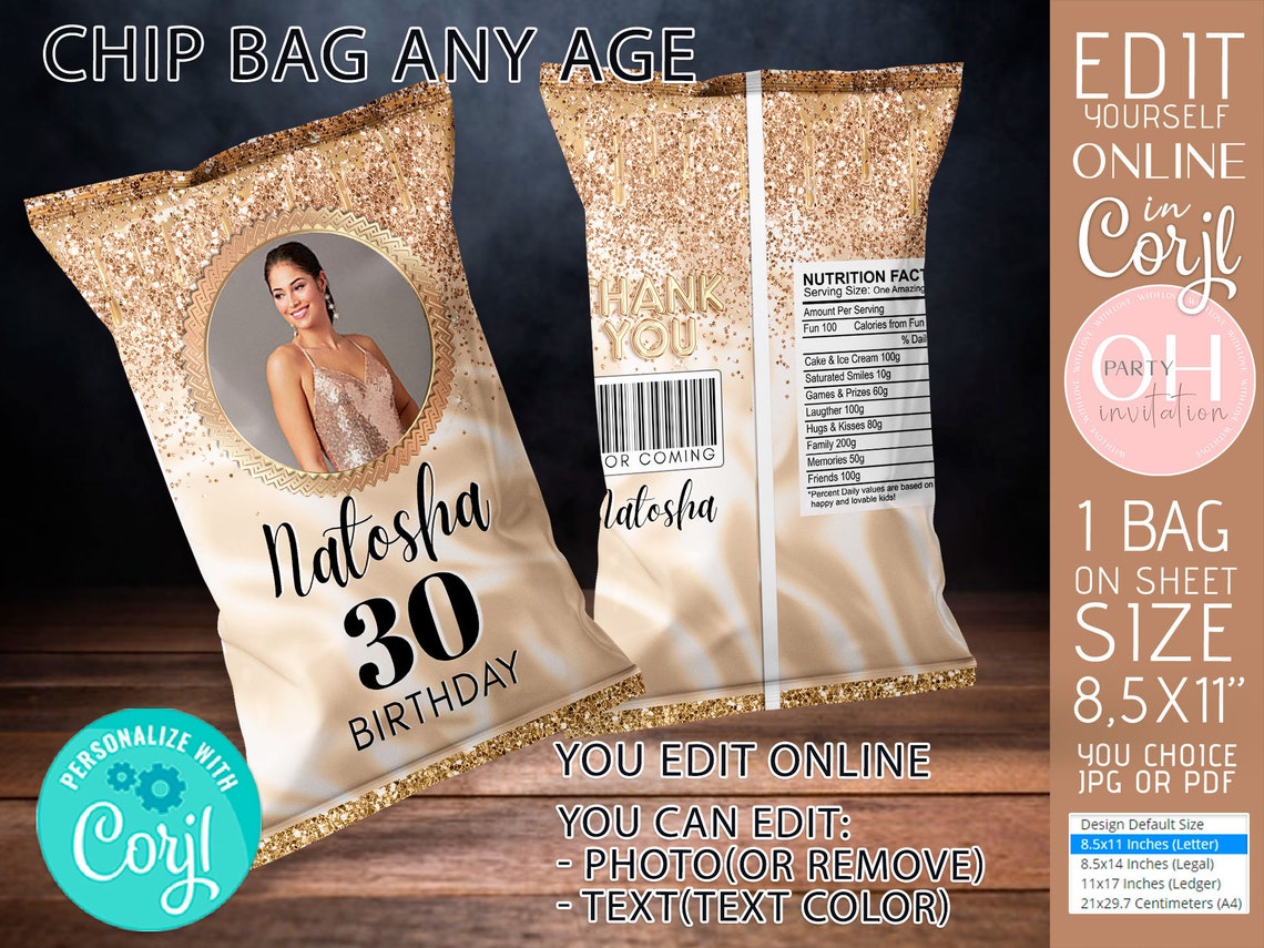 Editable Rose Gold chip bag 30th birthday decorations for her Etsy