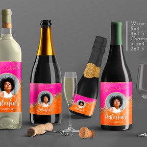 Hot Pink and Orange party Decorations, Champagne label, Wine Labels Adult birthday Printable with photo Favor Download Corjl T118 ANY AGE