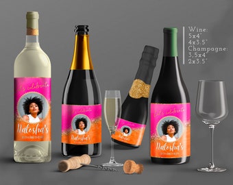 Orange Pink Gold Birthday Wine Champagne Labels: Drink Party Favors T118 ( Editable Canva Templates)