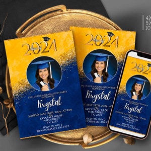 Editable Graduation Yellow and Blue invitation 2024 with pic Senior 2024 party favors evite, mobile invitation, invites printable Corjl