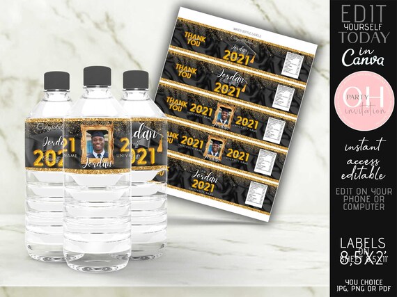 Editable Graduation Water bottle labels black gold template, Graduation decorations with photo class of 2021 party supplies download CANVA Il_570xn