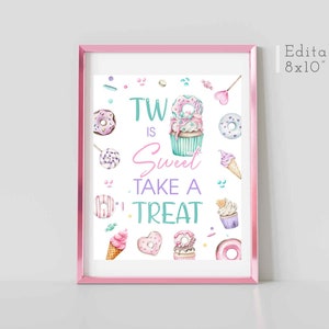 Two is Sweet Take a Treat Birthday Sign Pink Yellow Purple Blue Cupcake Ice cream Donut party decorations centerpiece Download Corjl