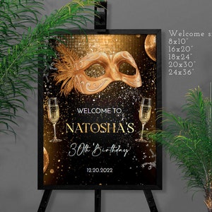 Masquerade Birthday Welcome Sign: Black and Gold Decor (Digital Download)