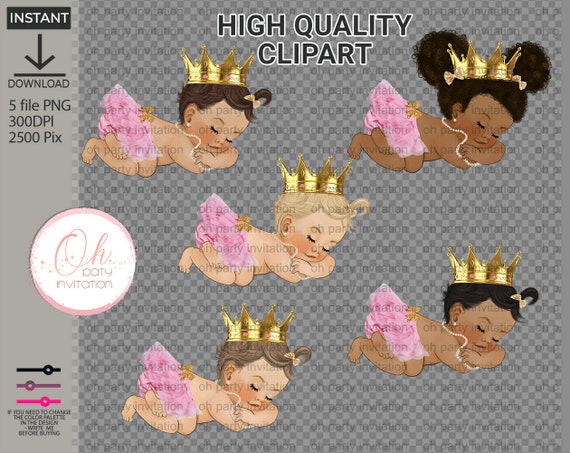 Princess Baby Shower Tutu Slipping Princess clipart African American Baby Girl Pink gold set scrapbook Gold Crown queen Clipart Download Il_570xn