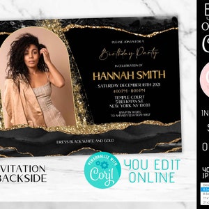 Editable Glam Modern Black and Gold invitation with picture Any AGE 16th 18th 21th 30th 40th 50th birthday invite printable download Corjl