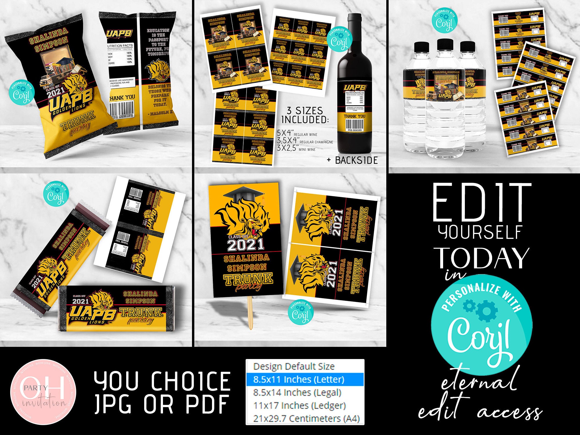 Editable Trunk Party favors decorations 2025 kit Black yellow Candy bar, chip bag, fans, wine, water bottle label Corjl Digital Download