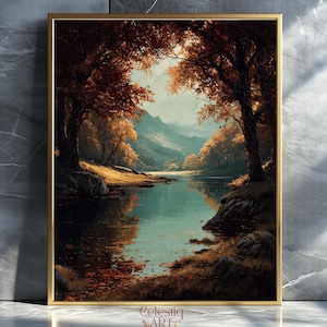 Moody Fall Landscape Print: Autumn Forest, River Scene (Digital Download)