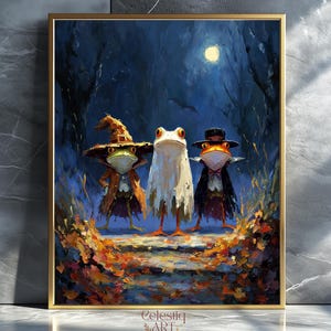 Halloween Frogs Art Print, spooky cute Toad and Frog witch ghost and bat costumes wall art Whimsical Kids Room Decor Perfect Frog Gift