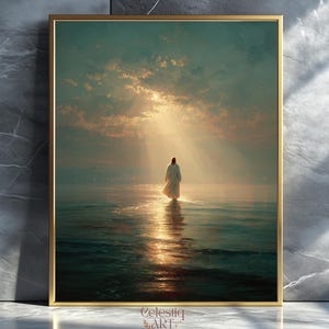 Jesus Christ Walking on Water, Christian Art, Digital Jesus Portrait, I Will Walk With Christ LDS, Jesus Oil Painting, Bible Verse Wall Art