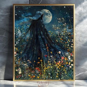 Moon & Stars Wall Art, Vintage Dark Forest Landscape Nature Decor, Night Sky View Canvas Art, Mystical Midnight Sign, Farmhouse Canvas Print