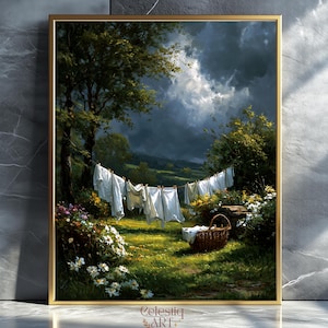 Farmhouse Laundry Day Print: Vintage Country Landscape (Digital Download)