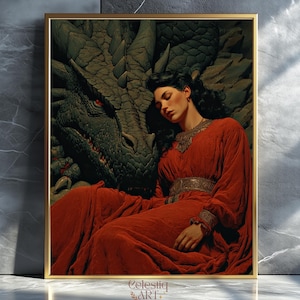 Mystical Woman and Dragon Art Print: Dark Fantasy Decor (Digital Download)