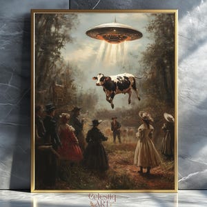 UFO Wall Art, Victorian Landscape, Eclectic Alien Abduction, Funny Altered Art Print, Digital Art, Funny Wall Decor for Home or Office