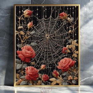 Tautropfen auf Spinnennetz und roten Rosen Dunkler botanischer Blumengarten, dunkler Cottagecore Forestcore, dunkles Blumenwald-Wand-Kunst