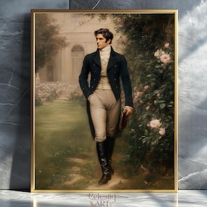 Mr. Darcy Art Print Stolz und Vorurteil Regency Portrait Wanddekoration Romantisches Nebliges Garten Gemälde für Bücherliebhaber & Jane Austen Fans