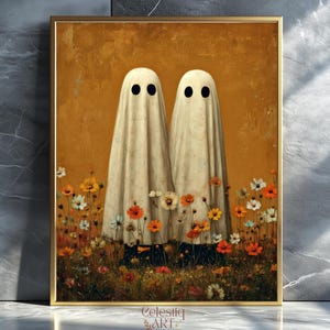 Vintage Cute Ghosts in Wildflower Meadow Print, Moody Ghosts Autumn Decor Digital, Spooky Halloween Fall Painting Printable Wall Art