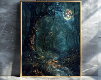 Lámina artística de luna llena de otoño: Bosque oscuro, decoración gótica de Halloween (descarga digital)