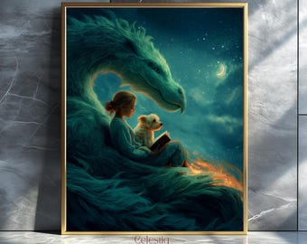 Cozy Dragon Reading Art Print: Whimsical Nursery Decor (Digital Download)