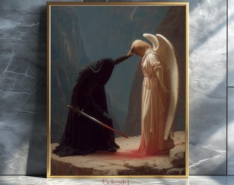 ダークファンタジーエンジェルアートプリント、ゴシックウォールデコレーション、天使と死の絵画