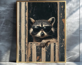 Cool Raccoon Art Print, Raccoon Vintage Print, Raccoon Wall Art, Raccoon Poster Art, Raccoon Nursery Decor, Vintage Poster Print, tanuki