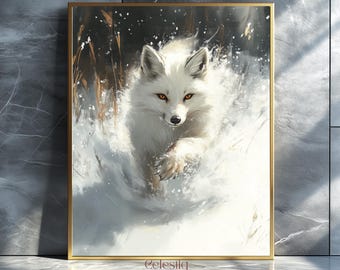 オリジナル 北極キツネ アート 水彩画 野生動物 装飾 白キツネ アート