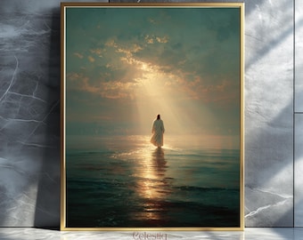 Jesus Christ Walking on Water, Christian Art, Digital Jesus Portrait, I Will Walk With Christ LDS, Jesus Oil Painting, Bible Verse Wall Art