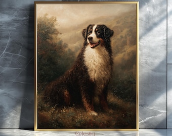 Lámina artística vintage de perro de montaña bernés: decoración rústica antigua (descarga digital)