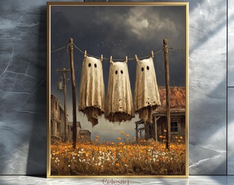 Ghost Laundry Halloween Art Print: Vintage Farmhouse Style (Digital Download)