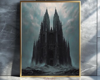 Haunted Gothic Cathedral Print: Dark Academia Halloween Decor Digital Download