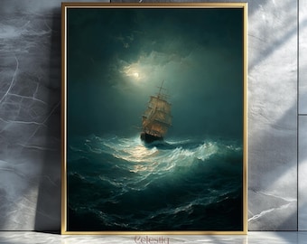 Stormy Sea Ship Digital Art Print: Moody Nautical Gothic Waves Painting Decor
