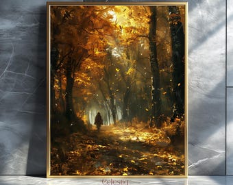 Moody Fall Landscape Art Print: Vintage Scenery Oil Painting Digital Download