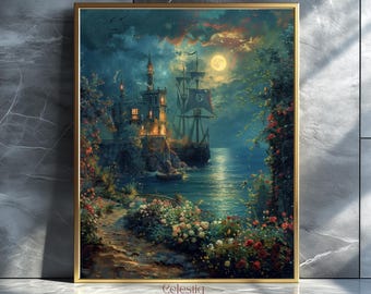 Gothic Ghost Ship Art Print: Dark Academia Sea Castle Digital Download