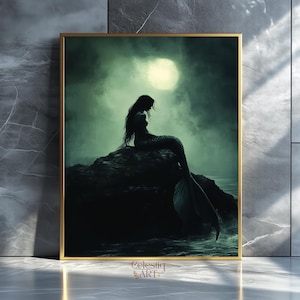 Dark Ocean Siren Seascape Art Painting, Dark Fantasy Fairytale Wall Art, Dark Arcademia Decor, Cottagecore Mermaidcore Mermaid Art Printable