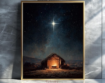 Christmas Manger Wall Art Nativity Scene Print Holy Night Star Artwork