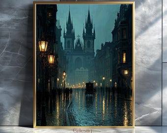 Lámina de arte digital de calle gótica victoriana: Decoración de pared oscura y melancólica de ciudad lluviosa al estilo Dark Academia