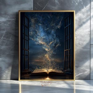 Magical Book Starlight Print: Dark Academia Library Art Digital Download