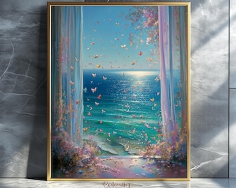 Ocean View Art Print: Open Window with Butterflies Digital Download
